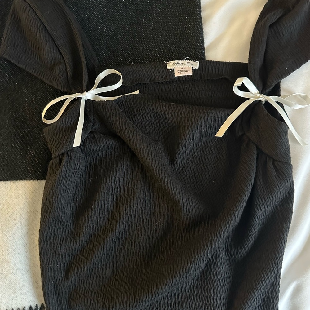 Black Textured Top with White Bows